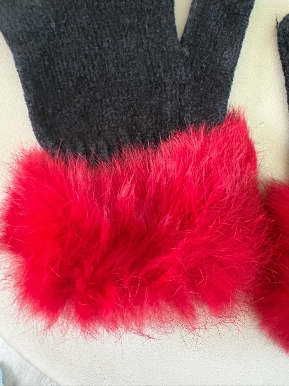 Black And Red Rabbit Fur Gloves | OS | Like New
